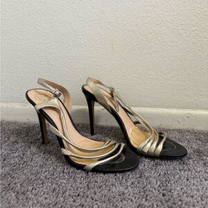 Vintage Vince Camuto Gold/Silver & Black Heels Leather Stilettos Sandals 8.5 38